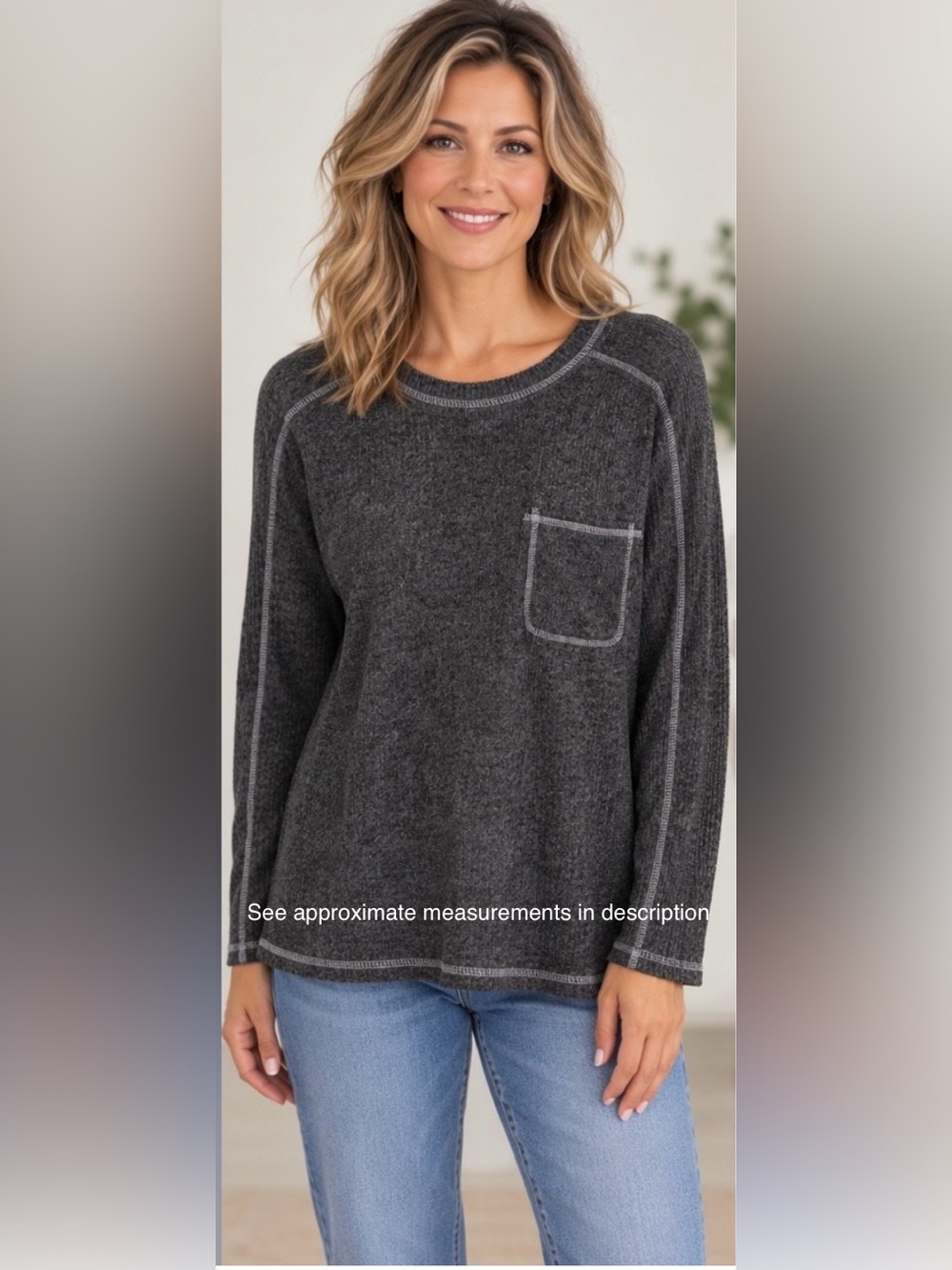 Zenana Outfitters Charcoal Contrast-Stitch Crewneck Sweater NWOT